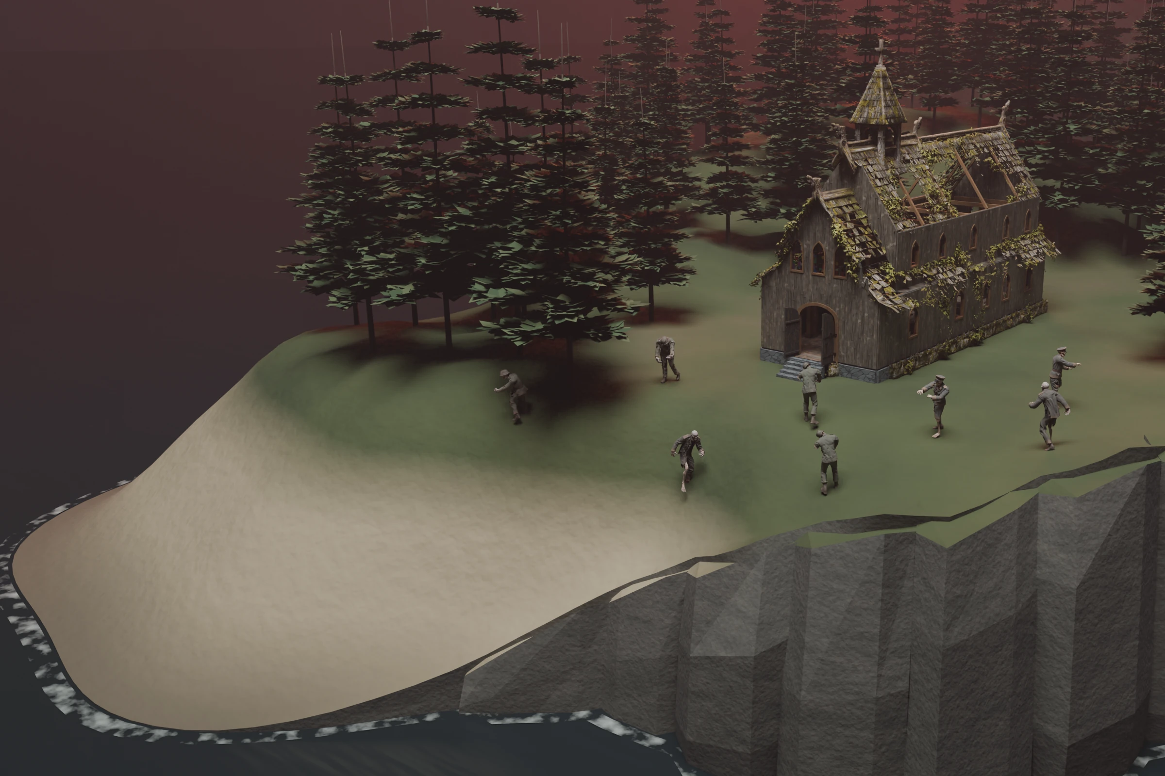 A close view of the game's abandoned wooden church and lurking zombies, one of ten enemy archetypes, in a forested island clearing. Rocky cliffs meet the dark sea, with sand along the low-lying shore.