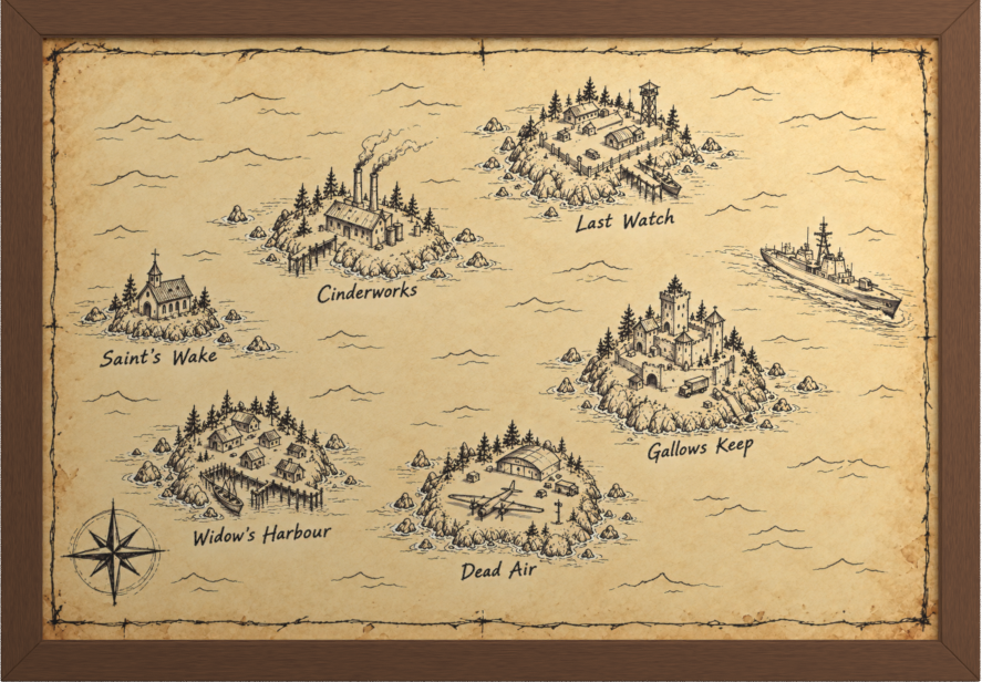 Island chart showing Saint's Wake, Widow's Harbour, Cinderworks, Dead Air, Last Watch, and Gallows Keep.